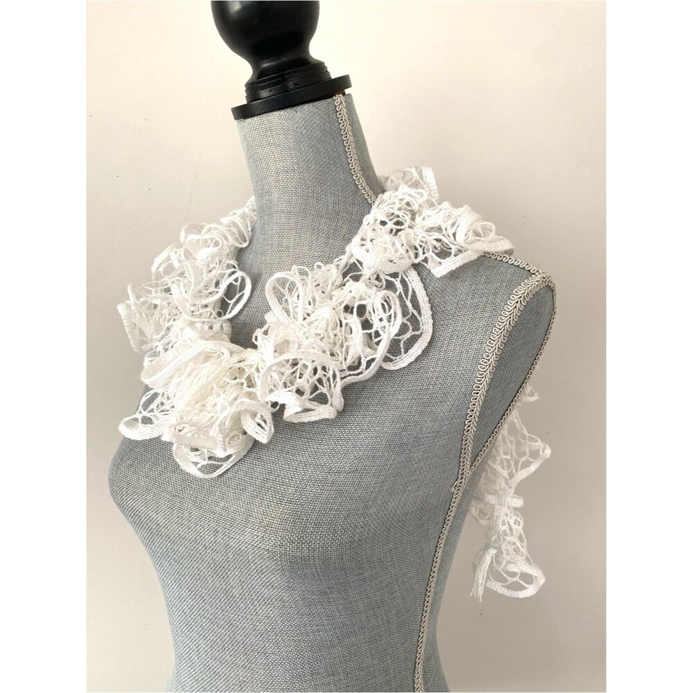 VTG White crochet knit scarf versatile styling Laganlook layering 76" Long